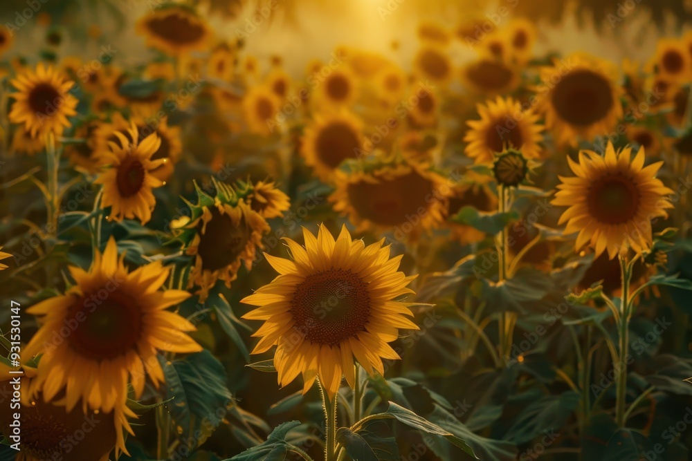 Fototapeta premium A sunflower field at dawn, with the first light of the day casting a golden glow over the flowers.