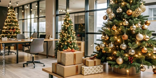 Festive Cheer in the Office: Christmas Decor Brightens the Workspace. A modern office space adorned with twinkling Christmas trees, wrapped gifts on desks, and a warm, inviting atmosphere. 