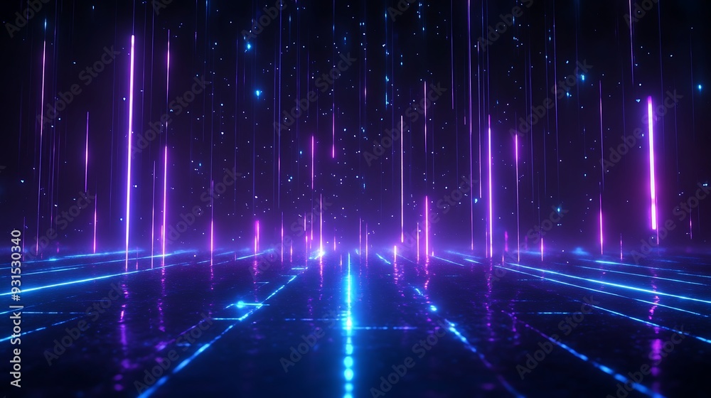 Futuristic neon lights illuminating a dark digital grid, creating a sci-fi atmosphere with glowing purple and blue lines for tech backgrounds. Futuristic neon lights illuminating a dark digital grid, creating a sci-fi atmosphere with glowing purple and blue lines for tech backgrounds.
