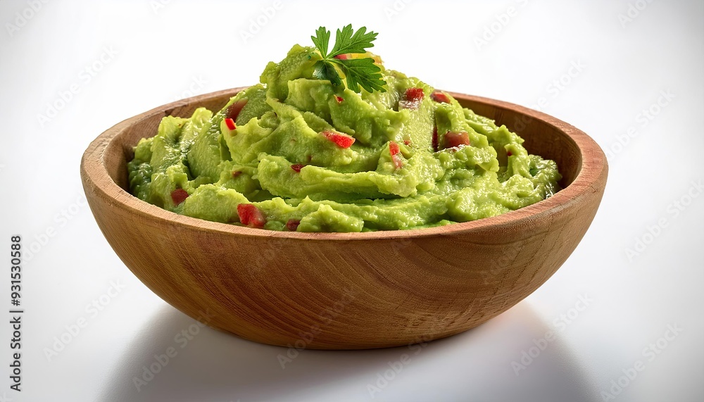 Guacamole in a wooden bowl isolated on white background Guacamole in a wooden bowl isolated on white background