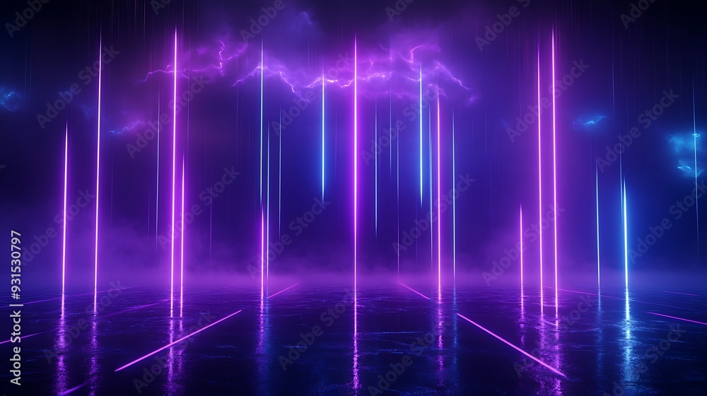 Futuristic neon lights in a dark foggy environment creating an abstract and vibrant modern background with vertical beams and reflections. Futuristic neon lights in a dark foggy environment creating an abstract and vibrant modern background with vertical beams and reflections.