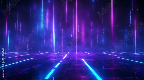 Futuristic neon lights in a dark space creating a glowing  vibrant atmosphere with blue and purple colors.