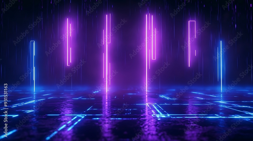Futuristic neon lights in a dark, reflective environment. Vibrant purple and blue hues create a tech-inspired, digital landscape scene.