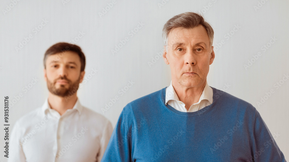 Serious Senior Man And His Middle Aged Son Standing Looking At Camera Against White Wall. Panorama, Selective Focus Serious Senior Man And His Middle Aged Son Standing Looking At Camera Against White Wall. Panorama, Selective Focus
