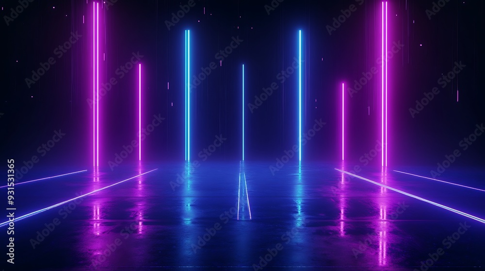 Futuristic neon lights in blue and pink create a glowing geometric pattern on a reflective surface in a dark space. Futuristic neon lights in blue and pink create a glowing geometric pattern on a reflective surface in a dark space.