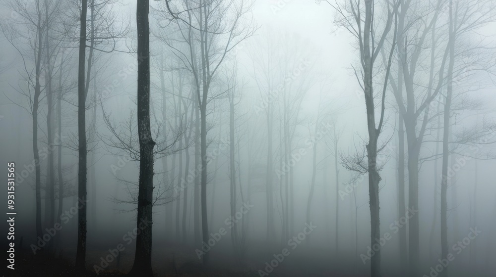 A foggy forest scene with trees fading into a gray mist, creating a mysterious atmosphere A foggy forest scene with trees fading into a gray mist, creating a mysterious atmosphere