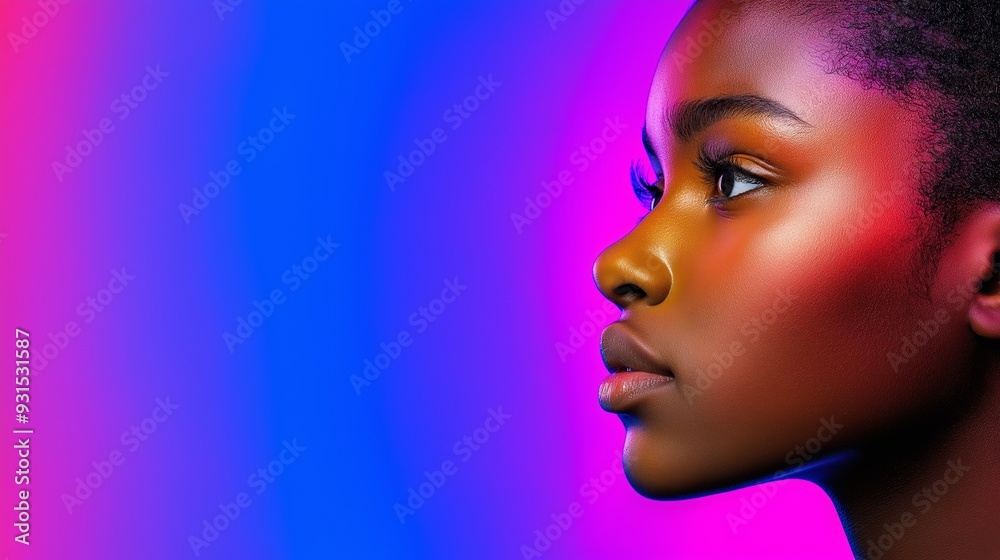 A woman with a face painted in gold and purple. The background is a mix of blue and purple A woman with a face painted in gold and purple. The background is a mix of blue and purple