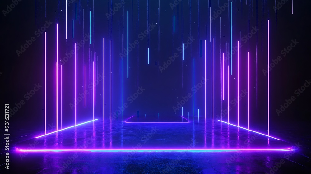 Futuristic neon lights installation with glowing blue and purple vertical lines and geometric patterns on a black background. Futuristic neon lights installation with glowing blue and purple vertical lines and geometric patterns on a black background.