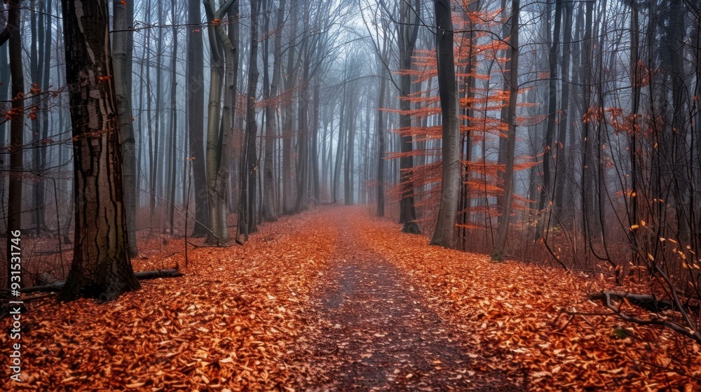 Fototapeta premium A forest path covered in brown autumn leaves, leading through tall, bare trees