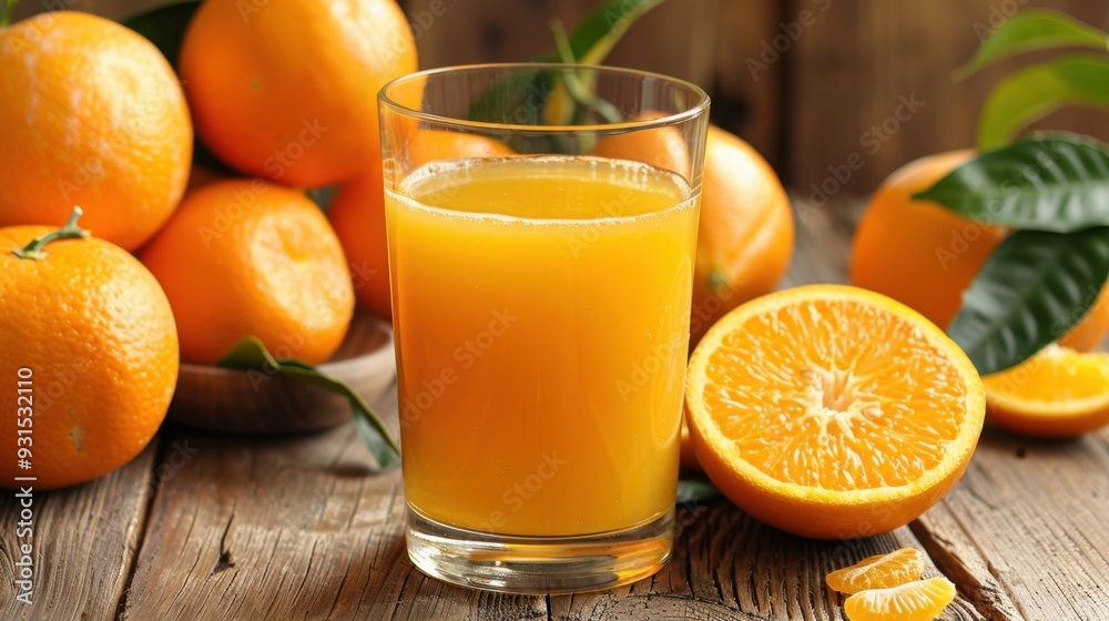 A glass of freshly squeezed orange juice with whole oranges beside it, set on a wooden table A glass of freshly squeezed orange juice with whole oranges beside it, set on a wooden table