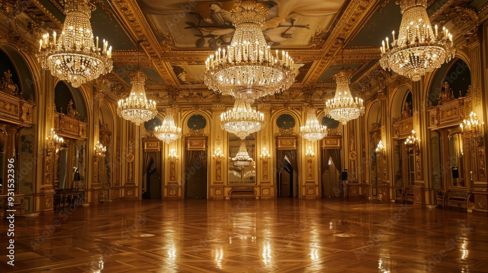 Obraz premium A golden ballroom lit by chandeliers, ready for an elegant event