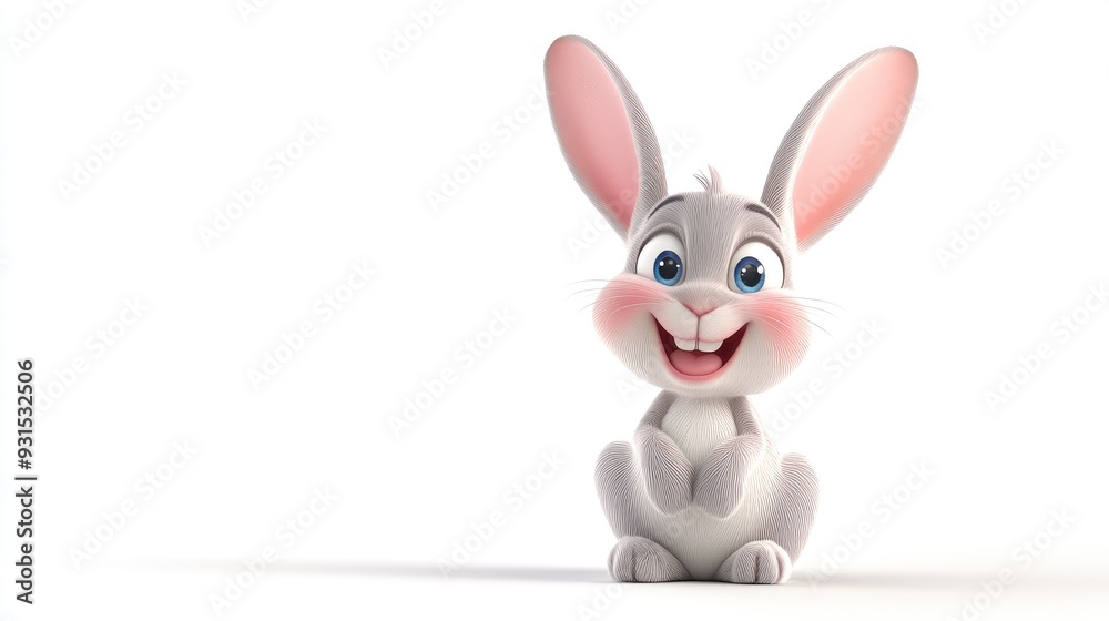 Fototapeta premium Friendly cartoon rabbit with big ears and a joyful smile, sitting on a clean white background, generative AI 3D style