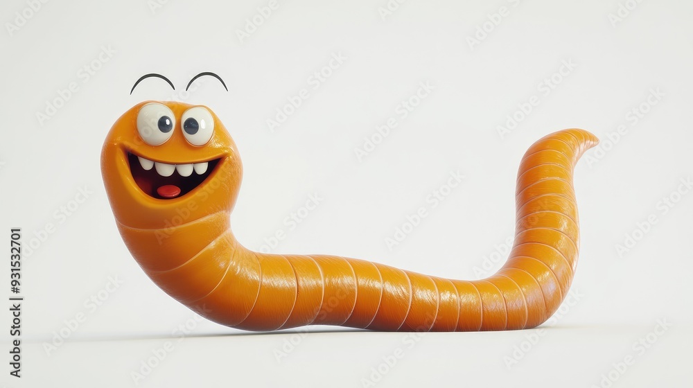 Fototapeta premium Friendly cartoon worm with a playful grin and tiny body, wiggling on a white background, generative AI 3D style