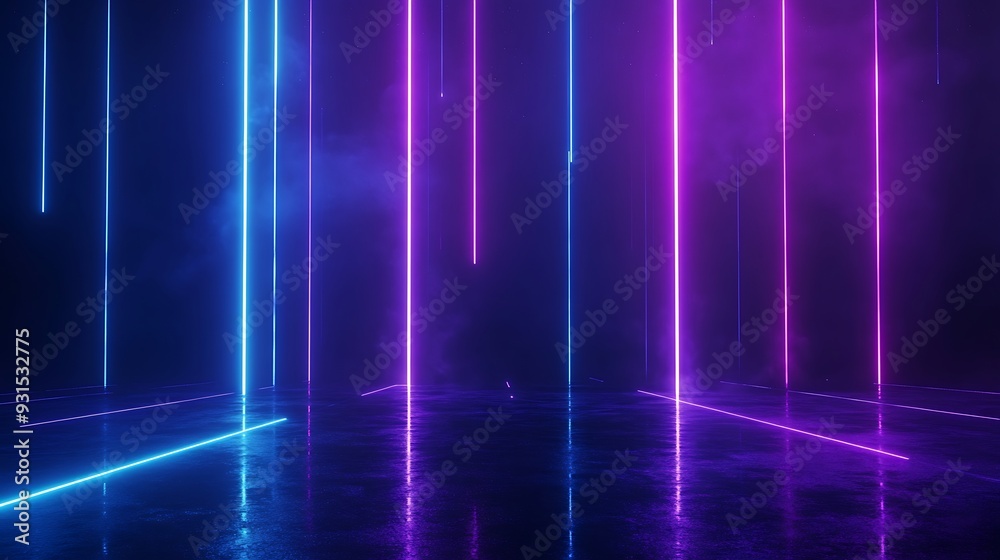 Futuristic neon lights with vibrant blue and purple glowing lines in a dark room, creating a modern and dynamic atmosphere. Futuristic neon lights with vibrant blue and purple glowing lines in a dark room, creating a modern and dynamic atmosphere.