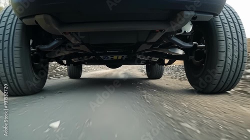 Black suv drives on a gravel road, revealing its undercarriage and suspension system, kicking up dust on an off road adventure through nature on a sunny summer day