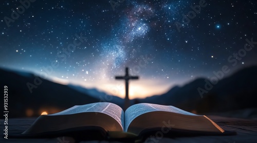 A serene scene featuring an open book under a starry sky with a cross in the background, evoking a sense of faith and wonder.
