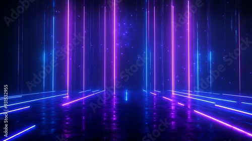Futuristic neon lights with vibrant purple and blue hues create a glowing, digital landscape in a dark, virtual environment.