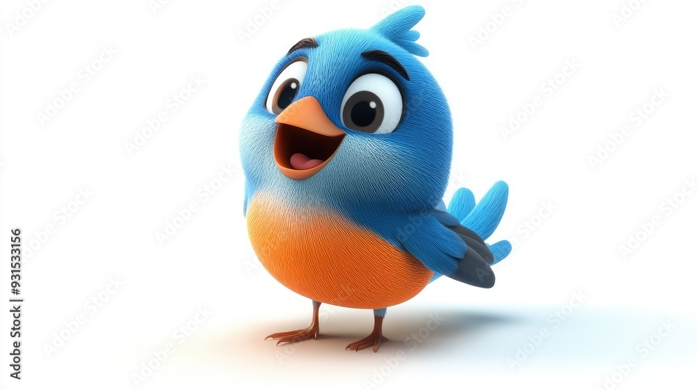 Playful 3D baby bluebird with a happy face and vibrant colors on a white background, in a fun animation style Playful 3D baby bluebird with a happy face and vibrant colors on a white background, in a fun animation style