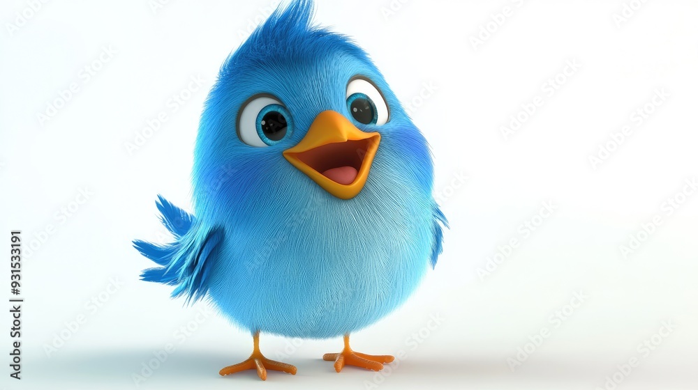 Playful 3D baby bluebird with bright colors and a joyful demeanor on a white background, in a fun animation style Playful 3D baby bluebird with bright colors and a joyful demeanor on a white background, in a fun animation style