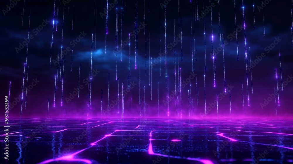 Futuristic neon rain over a dark, grid-like landscape, evoking a sense of technology and digital innovation. Futuristic neon rain over a dark, grid-like landscape, evoking a sense of technology and digital innovation.