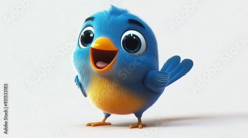 Playful 3D baby bluebird with a happy face and vibrant colors on a white background, in a fun animation style