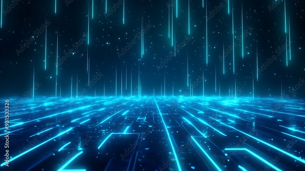 Futuristic neon-lit digital landscape with glowing blue lines and starry backdrop, perfect for tech or sci-fi themed projects.