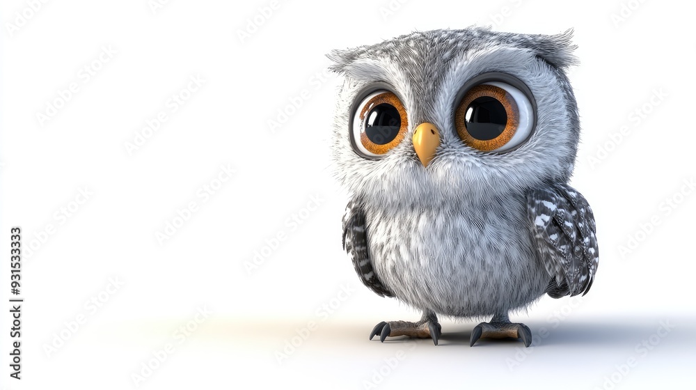 Obraz premium Playful 3D baby owl with big eyes and a happy expression on a white background, in a friendly cartoon style