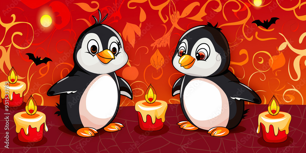 Naklejka premium Red Halloween Background: Playful Penguins and Candle Patterns 
