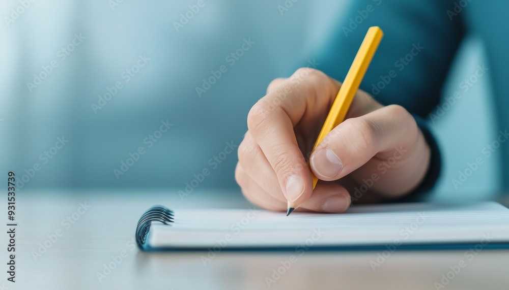 A close-up of a hand holding a yellow pencil, writing in a notebook. Ideal for education, creativity, and productivity themes. A close-up of a hand holding a yellow pencil, writing in a notebook. Ideal for education, creativity, and productivity themes.