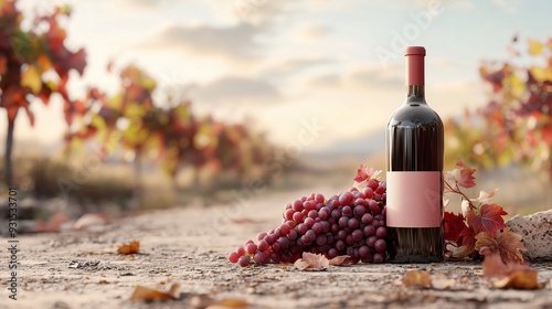A beautiful wine bottle surrounded by fresh grapes and autumn leaves in a vineyard setting under a soft sunset sky.