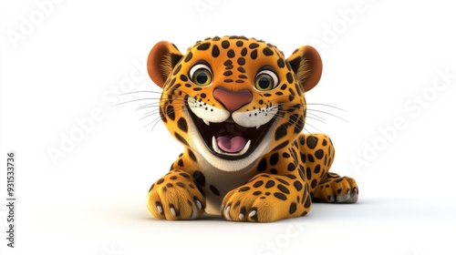 Friendly cartoon leopard with a happy face and vibrant spots, on a clean white background, generative AI 3D style photo