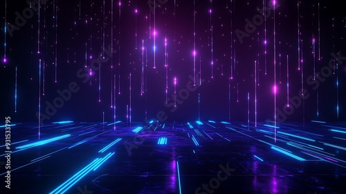 Glowing neon digital lines and abstract background in purple and blue colors, representing futuristic technology and virtual environments.