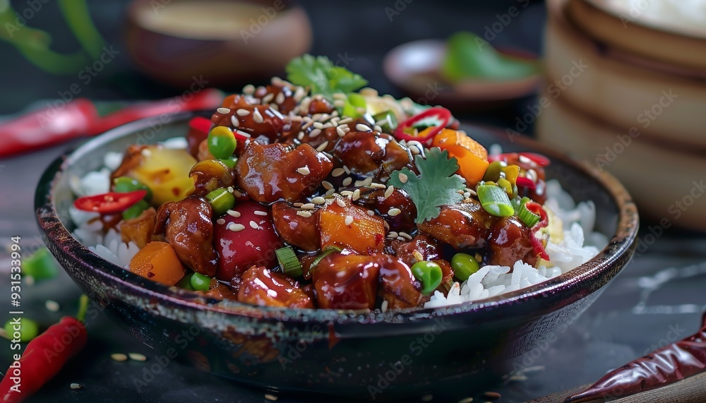 Kung Pao Traditional Chinese Food with Rice, Colorful Dish, Delicious and Spicy, Authentic Cuisine, Vibrant Presentation Kung Pao Traditional Chinese Food with Rice, Colorful Dish, Delicious and Spicy, Authentic Cuisine, Vibrant Presentation