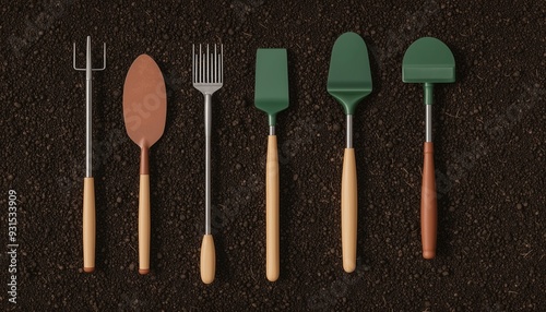 A collection of gardening tools arranged on dark soil, ideal for planting, digging, and maintaining a beautiful garden.