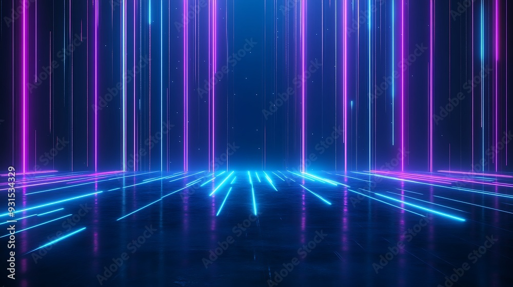 Neon light lines in vibrant pink and blue forming a futuristic virtual space with reflections on the floor. Neon light lines in vibrant pink and blue forming a futuristic virtual space with reflections on the floor.