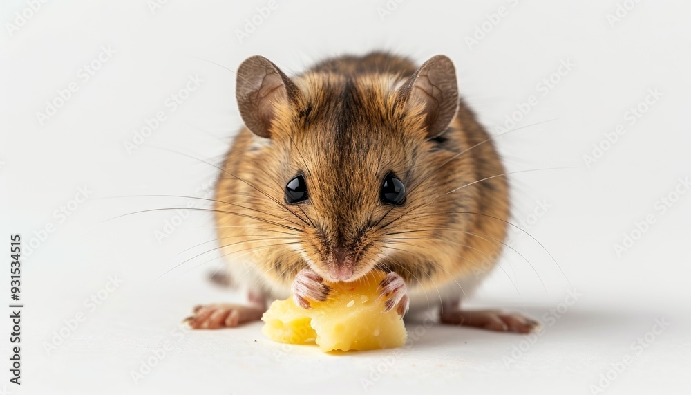 Small Mouse Nibbling Cheese with Paws, Focused Close-Up, White Background, Cute Rodent, Minimalistic Animal Portrait Small Mouse Nibbling Cheese with Paws, Focused Close-Up, White Background, Cute Rodent, Minimalistic Animal Portrait