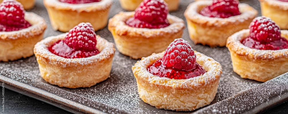 Delicious raspberry tarts on a baking tray, featuring golden pastry and fresh berries topped with powdered sugar. Delicious raspberry tarts on a baking tray, featuring golden pastry and fresh berries topped with powdered sugar.