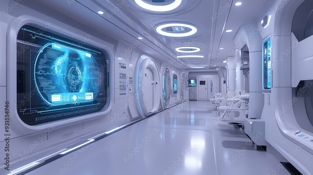 AI-Driven Healthcare Diagnostics Centers: A futuristic medical center where AI screens patients for early diagnosis of diseases. AI-Driven Healthcare Diagnostics Centers: A futuristic medical center where AI screens patients for early diagnosis of diseases.