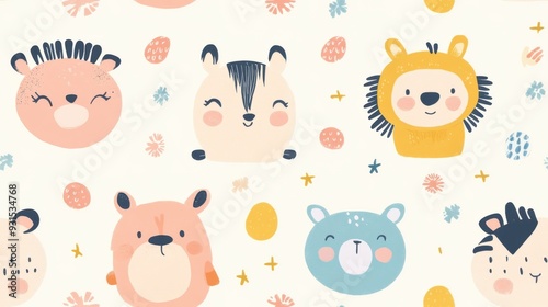 Wallpaper Mural A colorful, playful pattern featuring cute animal faces, perfect for children's decor and projects. Torontodigital.ca