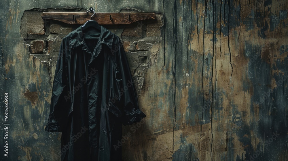 Naklejka premium A light black raincoat hanging on a wooden hook, ready for a rainy day