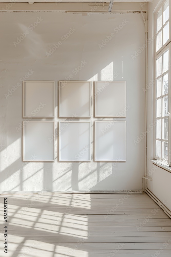 Fototapeta premium Minimalist art gallery featuring empty frames on a bright wall.