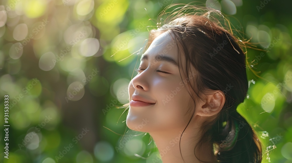 Calm beautiful smiling young woman with ponytail enjoying fresh air outdoor relaxing with eyes closed feeling alive breathing dreaming Copy space green park nature background Side view : Generative AI