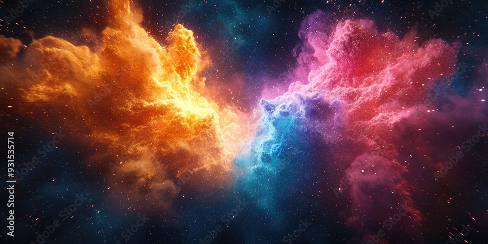 Fototapeta premium Cosmic Clouds of Orange, Blue, and Pink in a Starry Sky