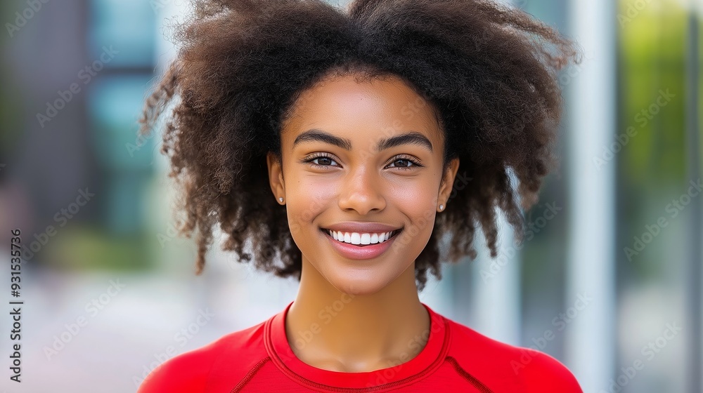 Fototapeta premium A woman with curly hair is smiling and wearing a red shirt. She looks happy and confident. Concept of positivity and self-assurance