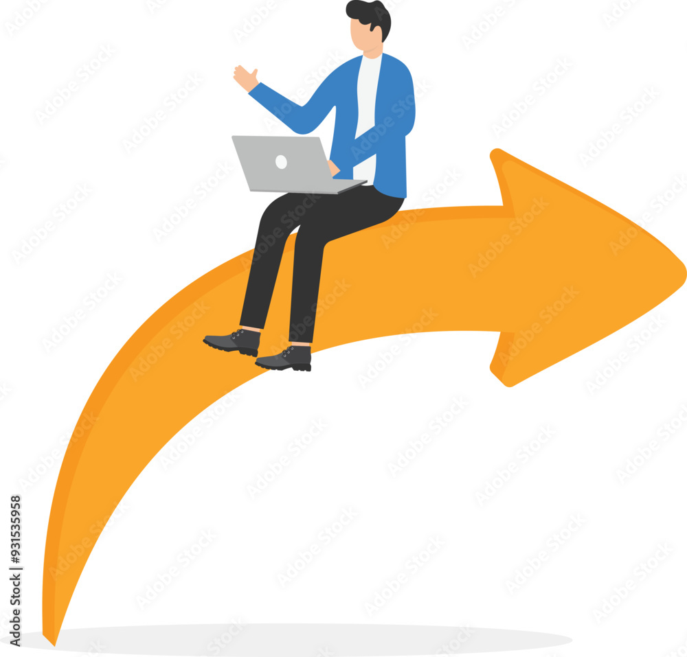 a man in a red jacket with a laptop sits on a big white arrow, share link
a man in a red jacket with a laptop sits on a big white arrow, share link