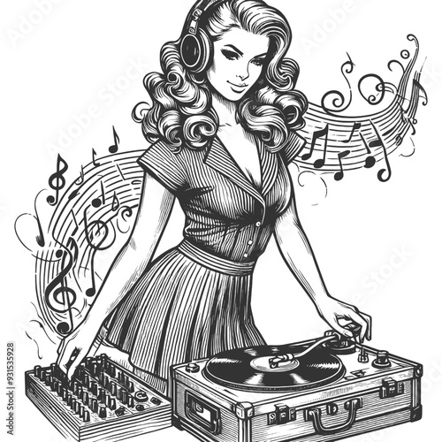 female DJ mixing music on turntables, surrounded by musical notes and vintage fashion sketch engraving generative ai vector illustration. Scratch board imitation. Black and white image.