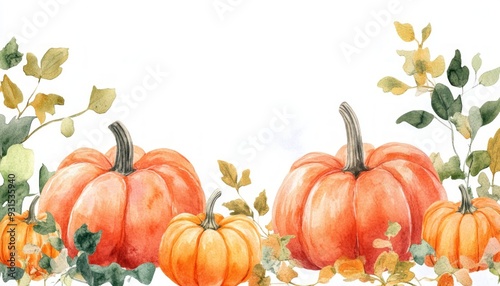 Digital Illustration of a Pumpkin Patch with Harvest Elements on White Background