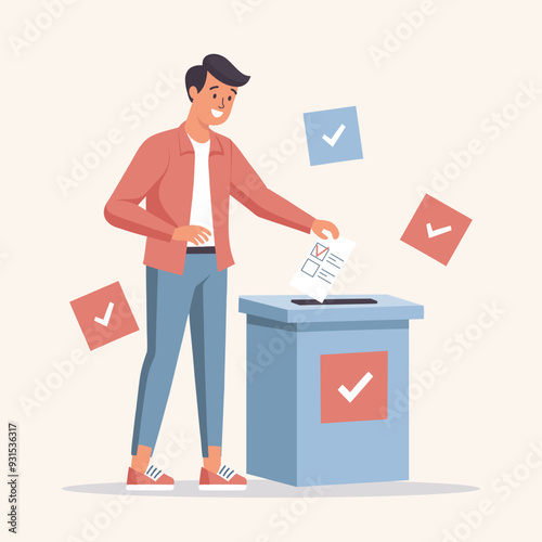 Man putting Vote ballot paper in a voting box. Election campaign concept. Flat style illustration