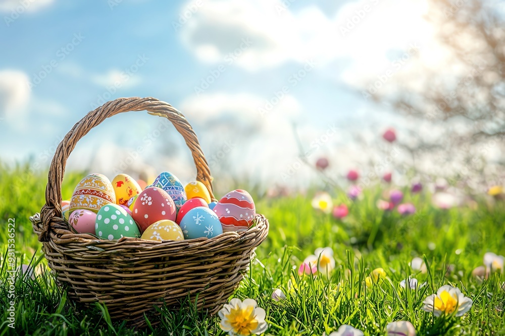 Basket of colorful Easter eggs in a grassy field with a blue sky background.