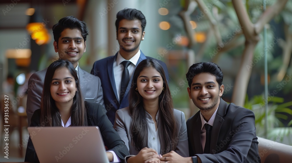 Group portrait of Indian asian young business people or executives with laptop and wears suit : Generative AI Group portrait of Indian asian young business people or executives with laptop and wears suit : Generative AI